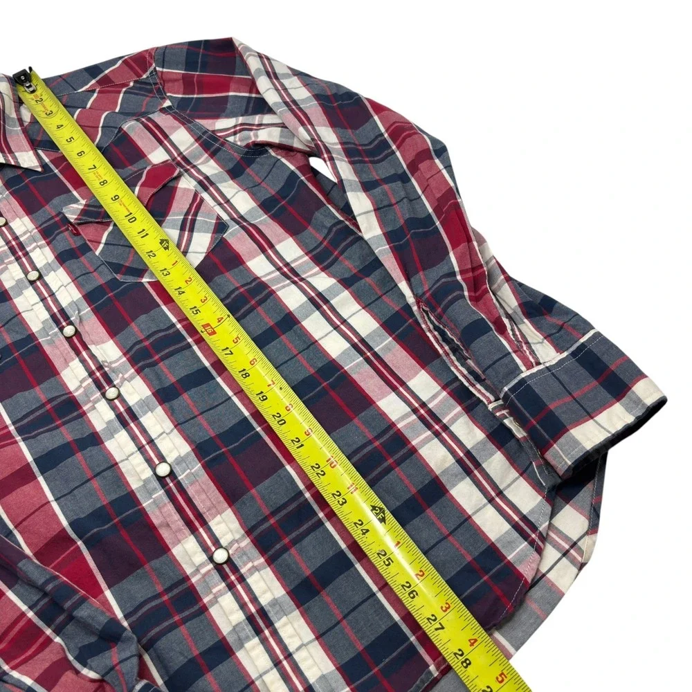 Levi's Plaid Western Shirt Mens M Red Blue Pearl Snap Long Sleeve
